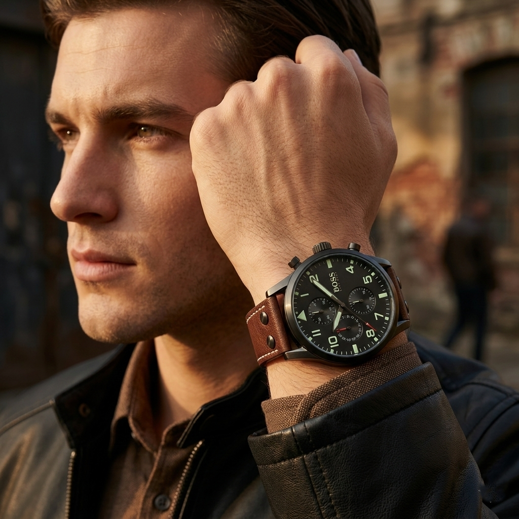 Hugo Boss Aeroliner Maxx 1513079 Gunmetal Case Black Dial Brown Leather Men's Watch