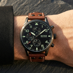 Hugo Boss Aeroliner Maxx 1513079 Gunmetal Case Black Dial Brown Leather Men's Watch
