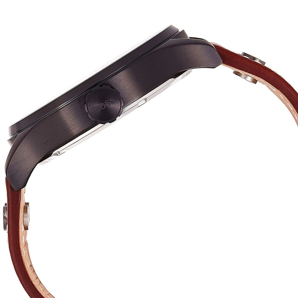 Hugo Boss Aeroliner Maxx 1513079 Gunmetal Case Black Dial Brown Leather Men's Watch