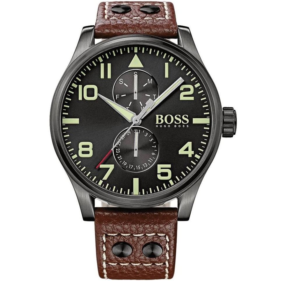 Hugo Boss Aeroliner Maxx 1513079 Gunmetal Case Black Dial Brown Leather Men's Watch