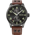 Hugo Boss Aeroliner Maxx 1513079 Gunmetal Case Black Dial Brown Leather Men's Watch