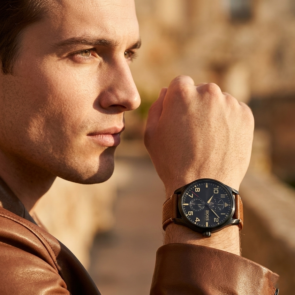 Hugo Boss Aeroliner Maxx 1513082 Black Case Black Dial Tan Leather Men's Watch