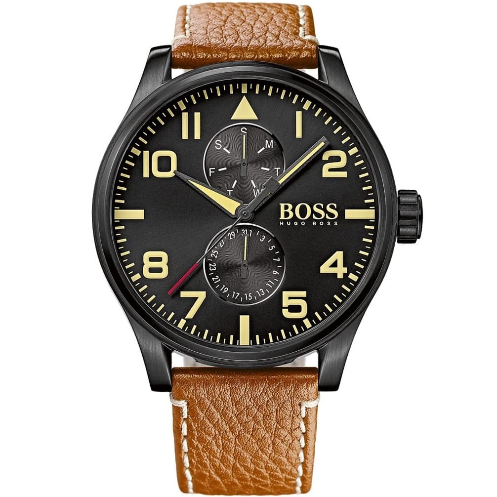 Hugo Boss Aeroliner Maxx 1513082 Black Case Black Dial Tan Leather Men's Watch