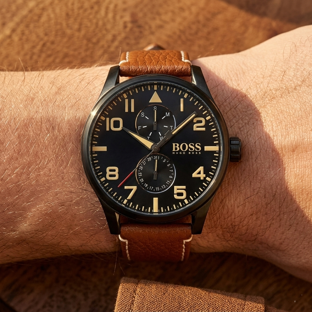 Hugo Boss Aeroliner Maxx 1513082 Black Case Black Dial Tan Leather Men's Watch