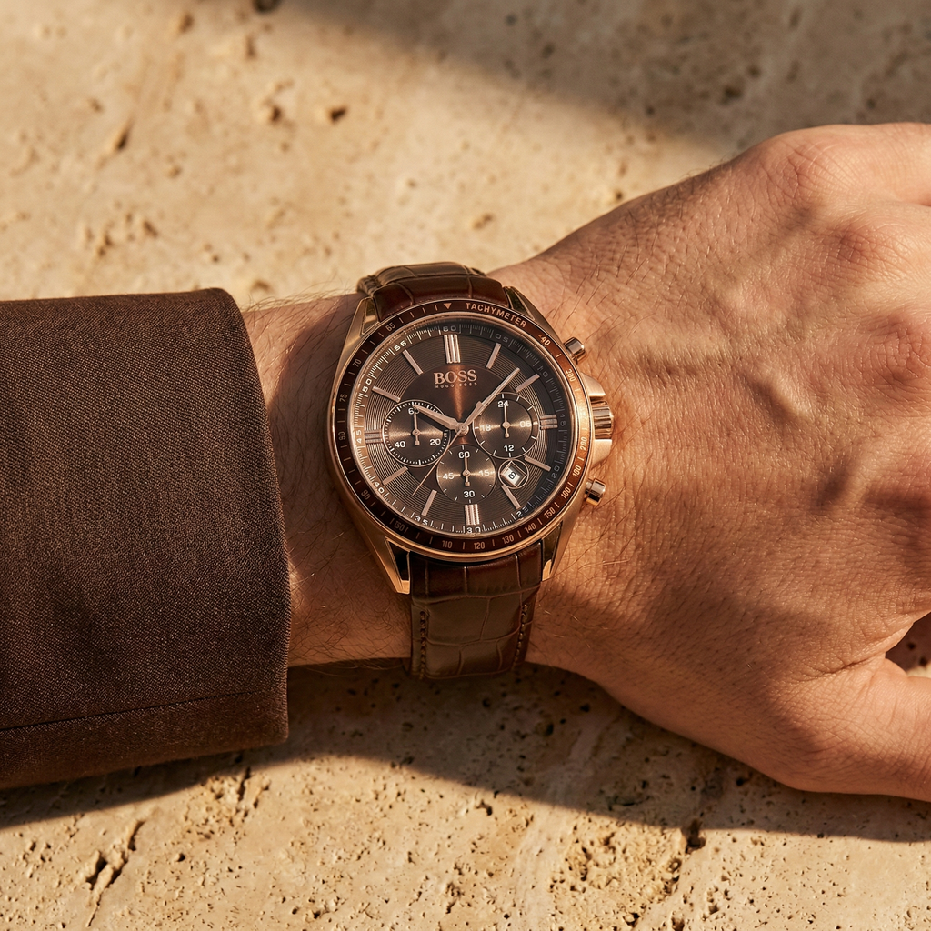 Hugo Boss Driver 1513093 Runner Rose Gold Case Brown Dial Brown Leather Men's Watch