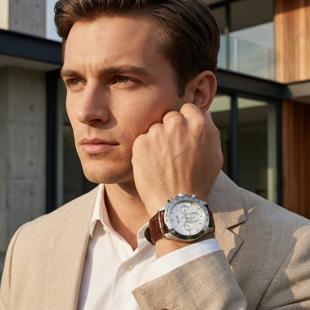 Hugo Boss Ikon 1513175 Silver Case White Dial Brown Leather Strap Men's Watch