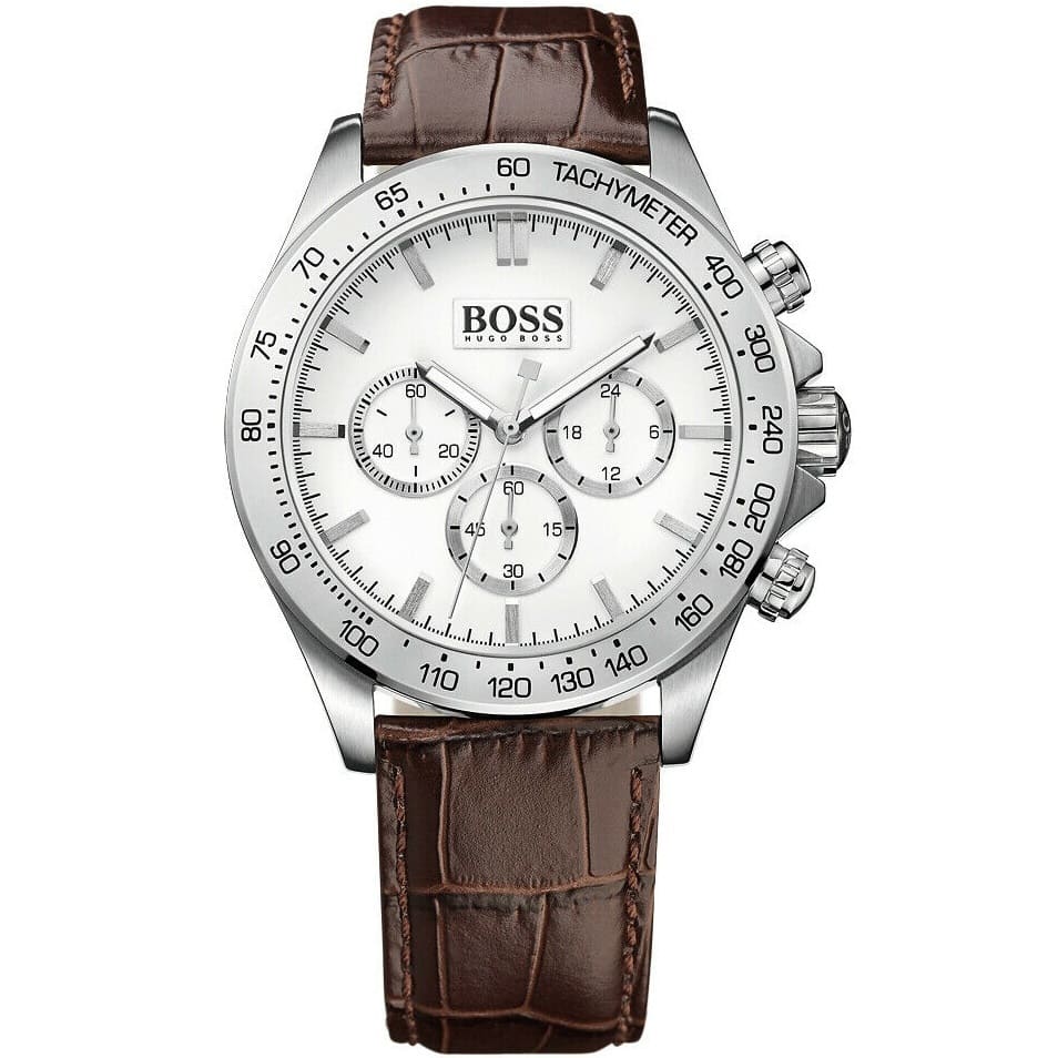 Hugo Boss Ikon 1513175 Silver Case White Dial Brown Leather Strap Men's Watch