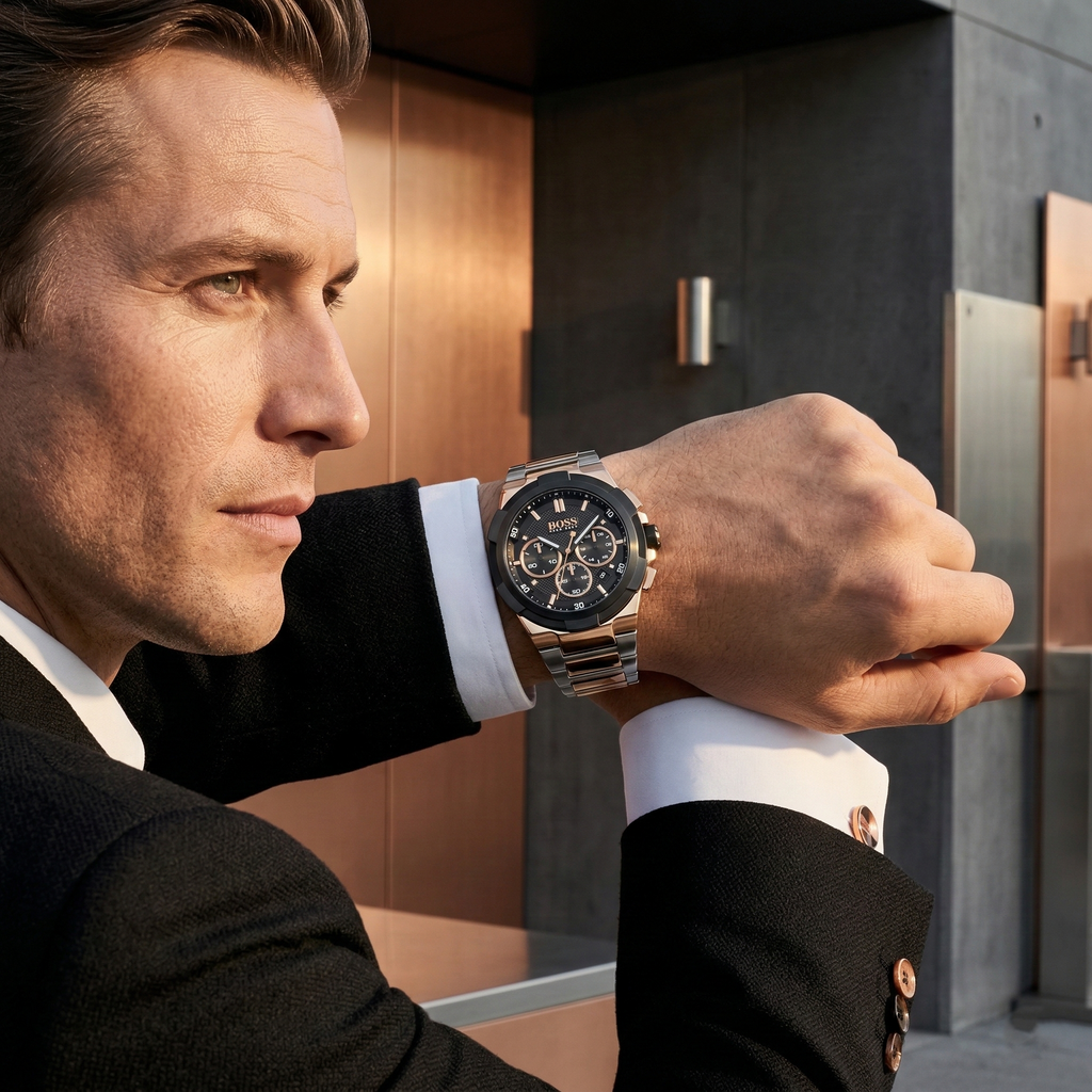 Hugo Boss Supernova 1513358 Two-Tone Silver Rose Gold Case Black Dial Men's Watch