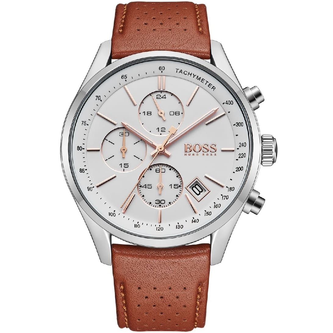 Hugo Boss Grand Prix 1513475 Silver Case White Dial Brown Leather Men's Watch