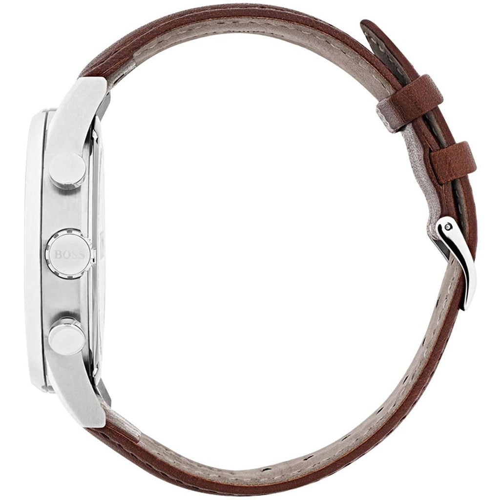 Hugo Boss Grand Prix 1513475 Silver Case White Dial Brown Leather Men's Watch