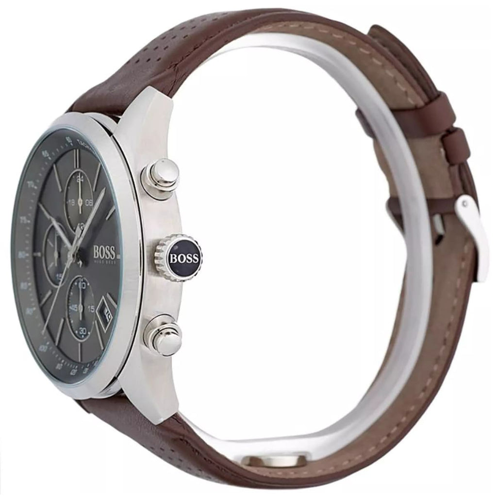 Hugo Boss Grand Prix 1513476 Silver Case Gray Dial Brown Leather Men's Watch