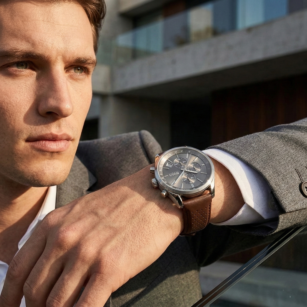Hugo Boss Grand Prix 1513476 Silver Case Gray Dial Brown Leather Men's Watch