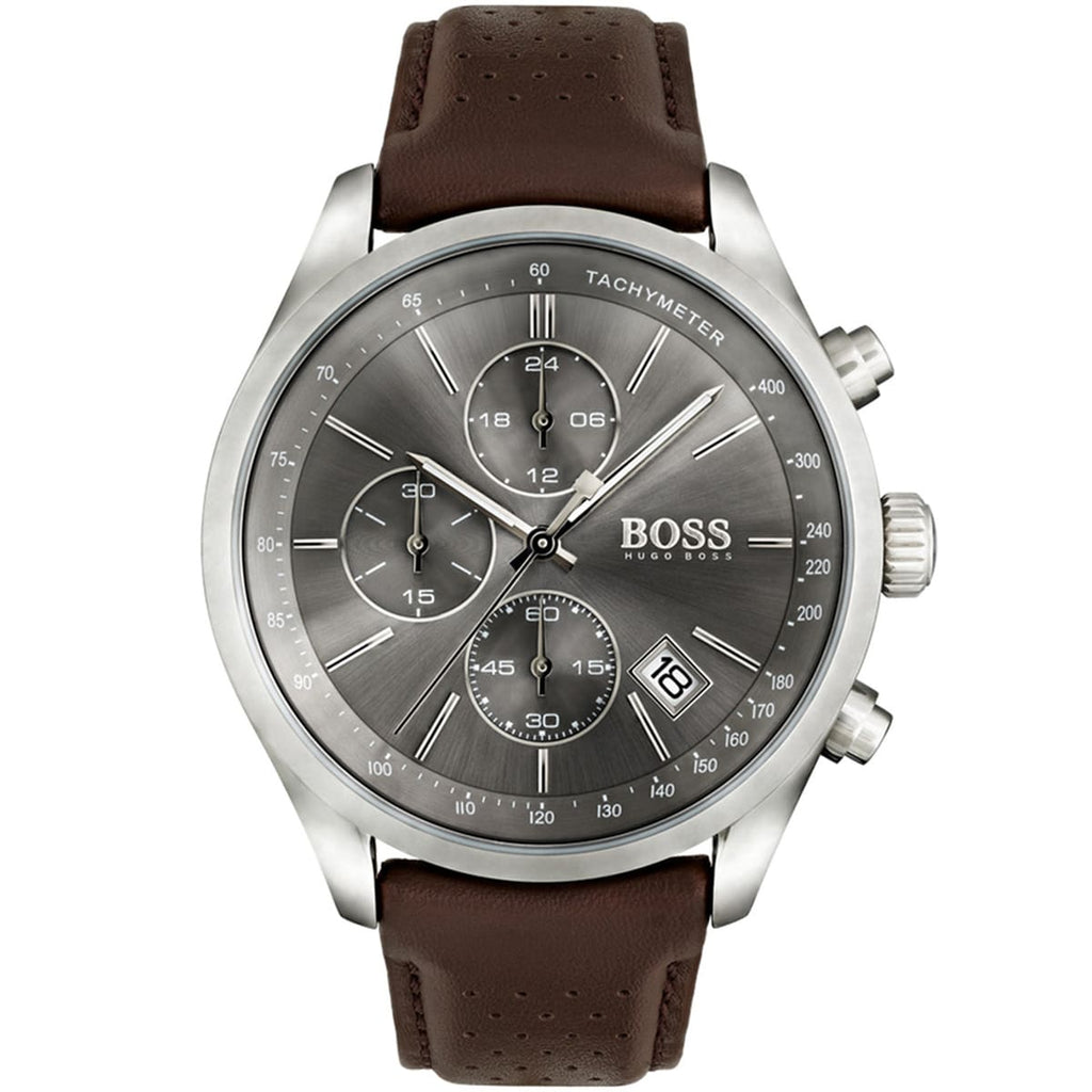 Hugo Boss Grand Prix 1513476 Silver Case Gray Dial Brown Leather Men's Watch