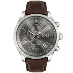 Hugo Boss Grand Prix 1513476 Silver Case Gray Dial Brown Leather Men's Watch