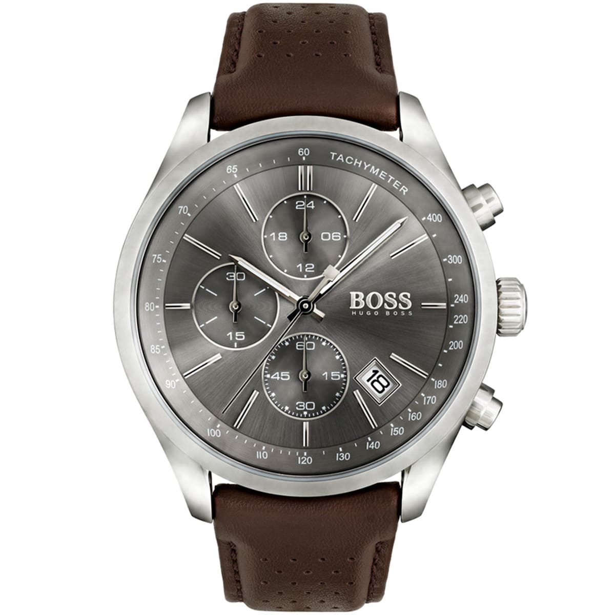 Hugo Boss Grand Prix 1513476 Silver Case Gray Dial Brown Leather Men's Watch