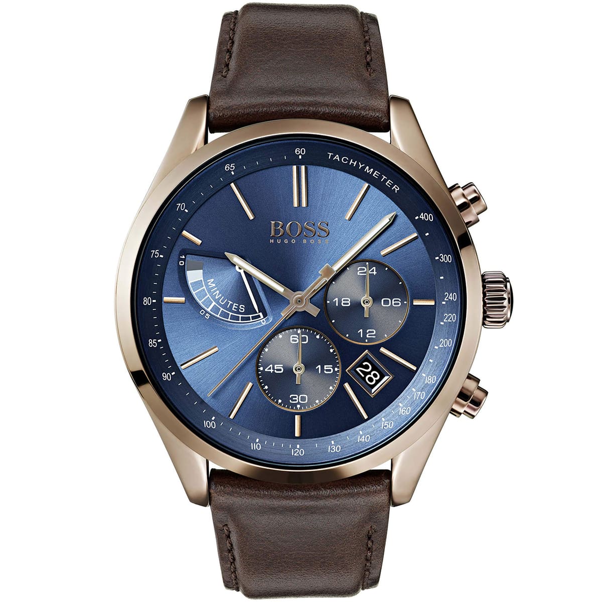 Hugo Boss Grand Prix 1513604 Silver Case Blue Dial Brown Leather Men's Watch