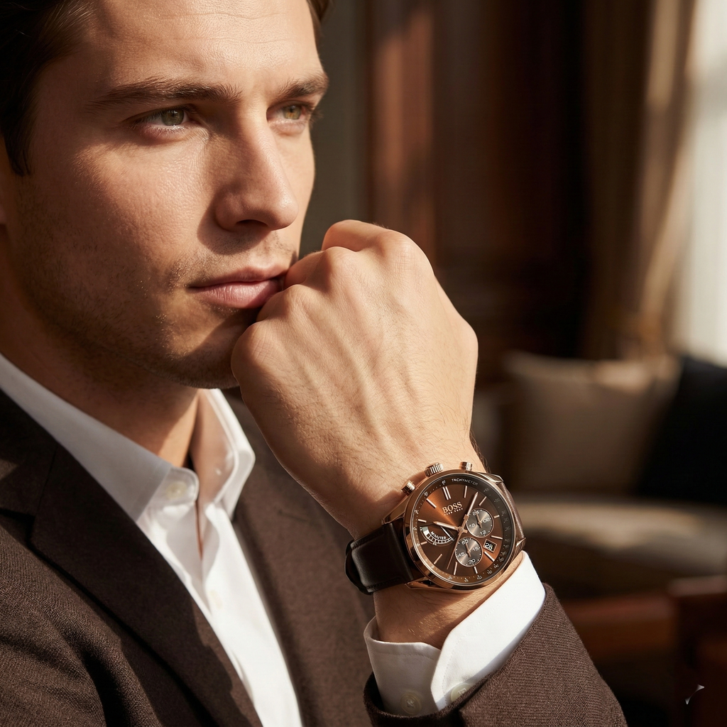 Hugo Boss Grand Prix 1513605 Rose Gold Case Brown Dial Brown Leather Men's Watch