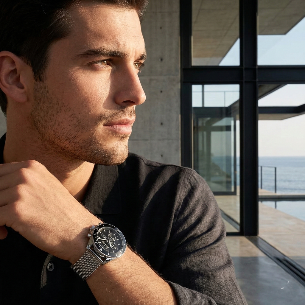 Hugo Boss Ocean Edition 1513701 Silver Case Black Dial Silver Mesh Bracelet Men's Watch