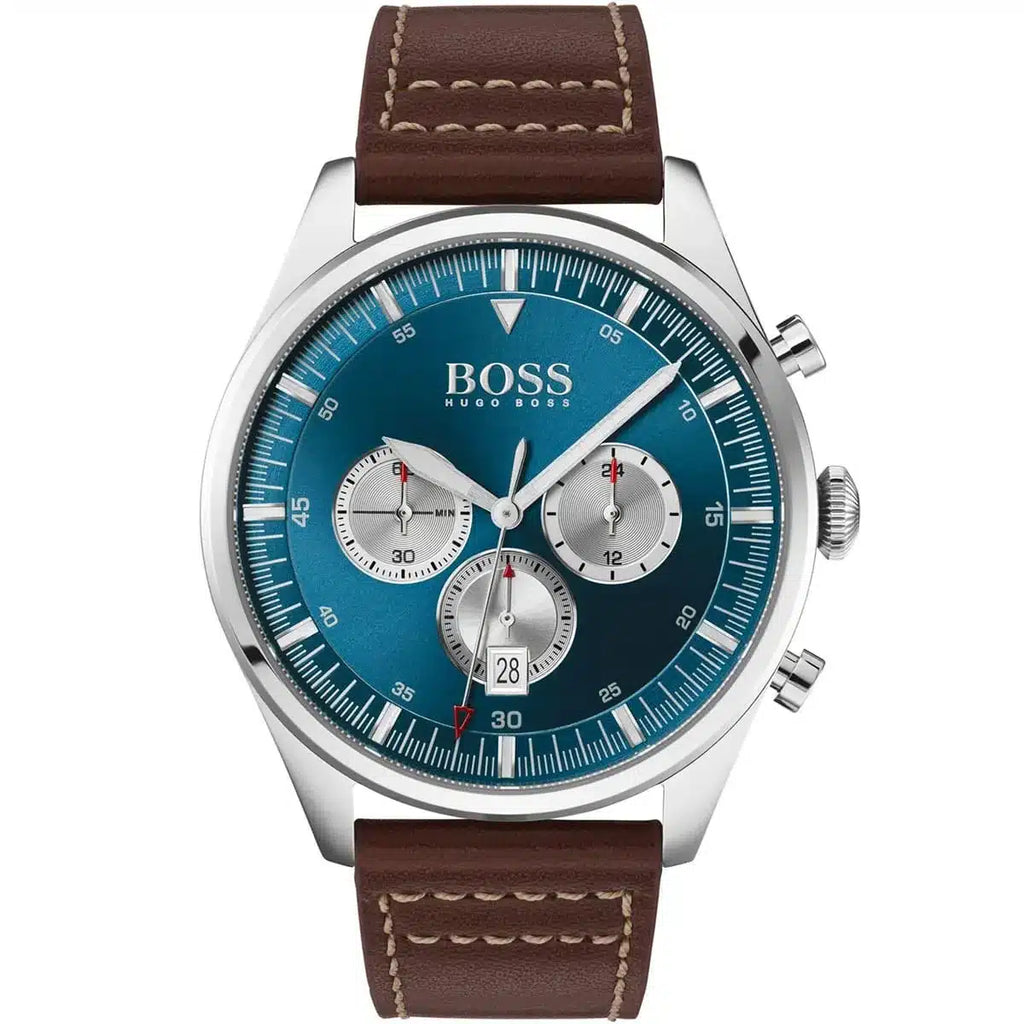 Hugo Boss Pioneer 1513709 Silver Case Blue Dial Brown Leather Men's Watch