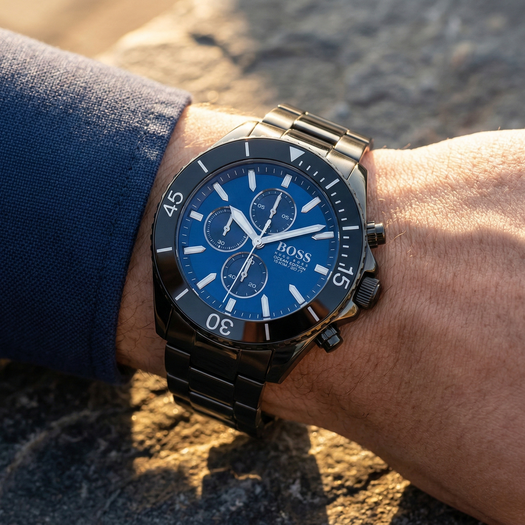 Hugo Boss Ocean Edition 1513743 Black Case Blue Dial Black Metal Men's Watch