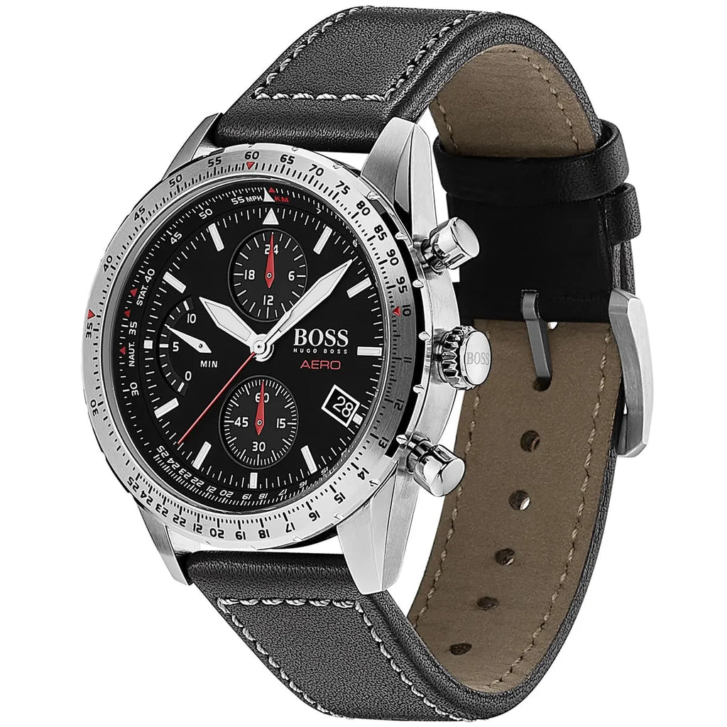 Hugo Boss Aero 1513770 Silver Case Black Dial Black Leather Men's Watch