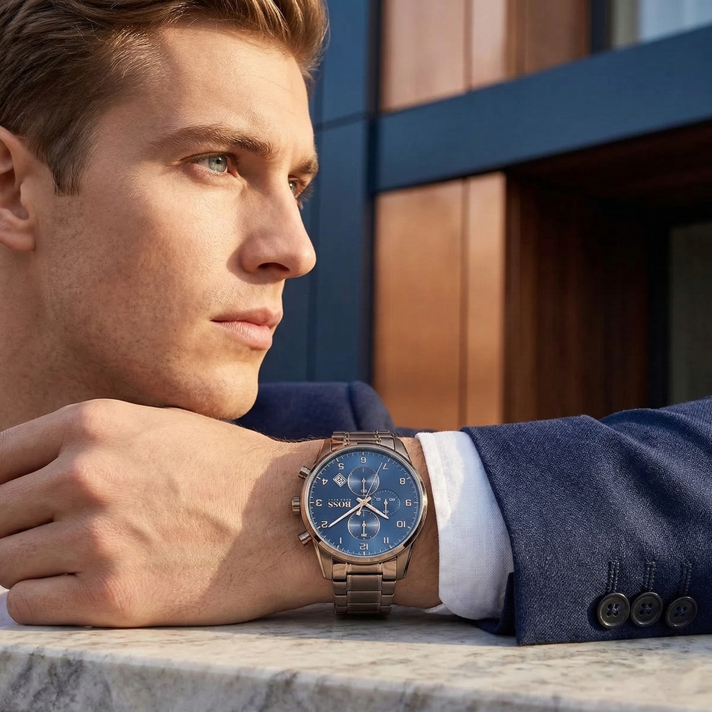 Hugo Boss Skymaster 1513788 Silver Case Blue Dial Brown Metal Men's Watch