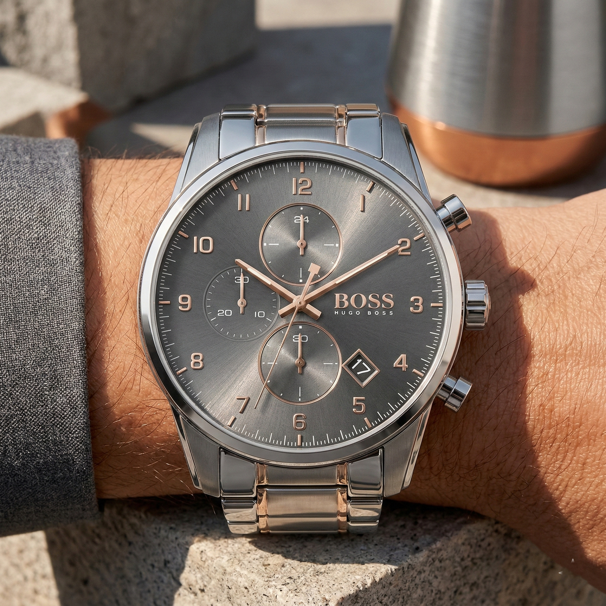 Hugo Boss Skymaster 1513789 Two-Tone Silver Rose Gold Case Gray Dial Men's Watch