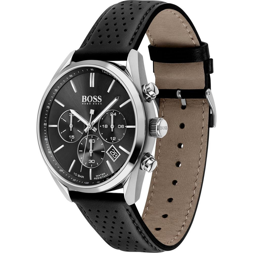 Hugo Boss Champion 1513816 Silver Case Black Dial Black Leather Men's Watch