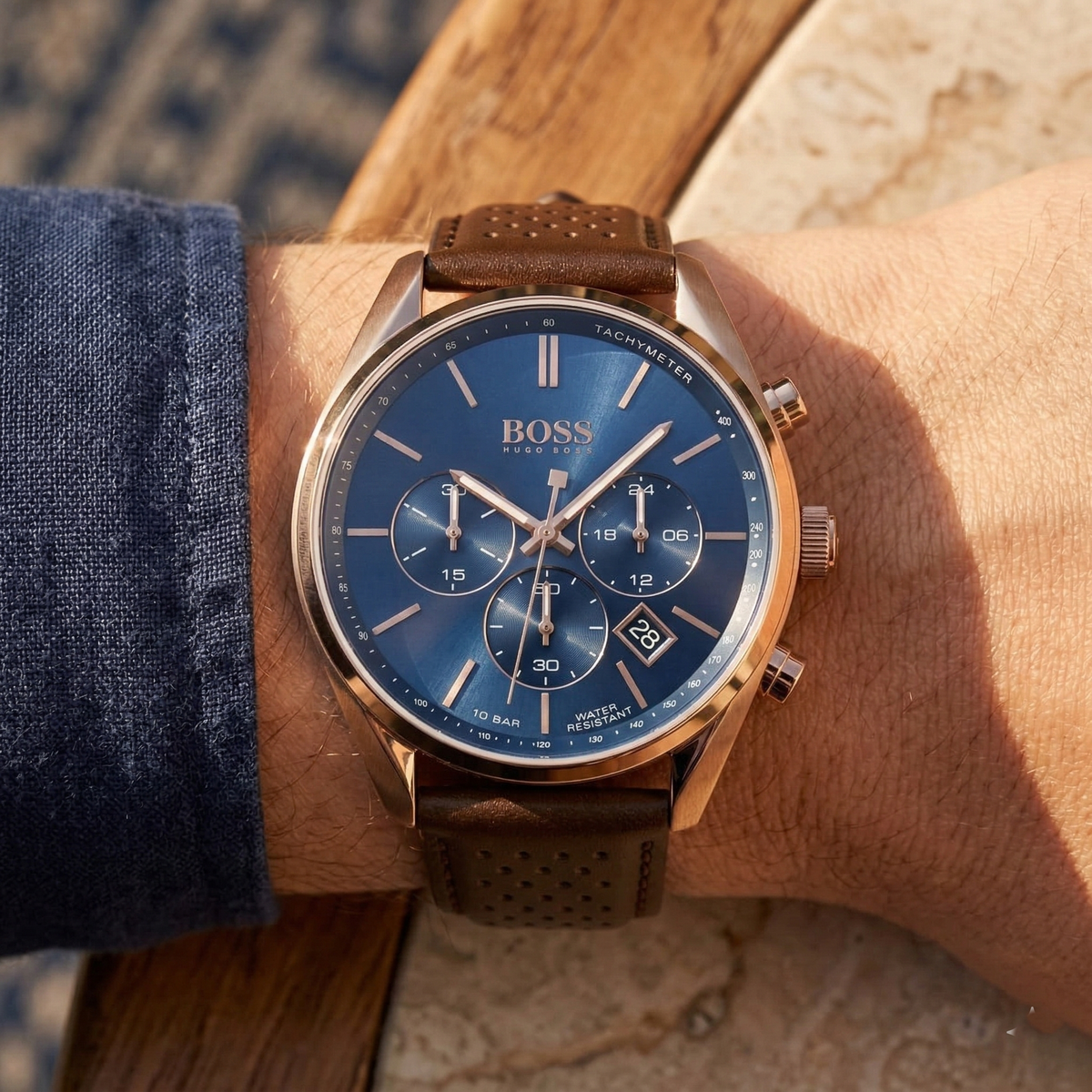 Hugo Boss Champion 1513817 Rose Gold Case Blue Dial Brown Leather Men's Watch