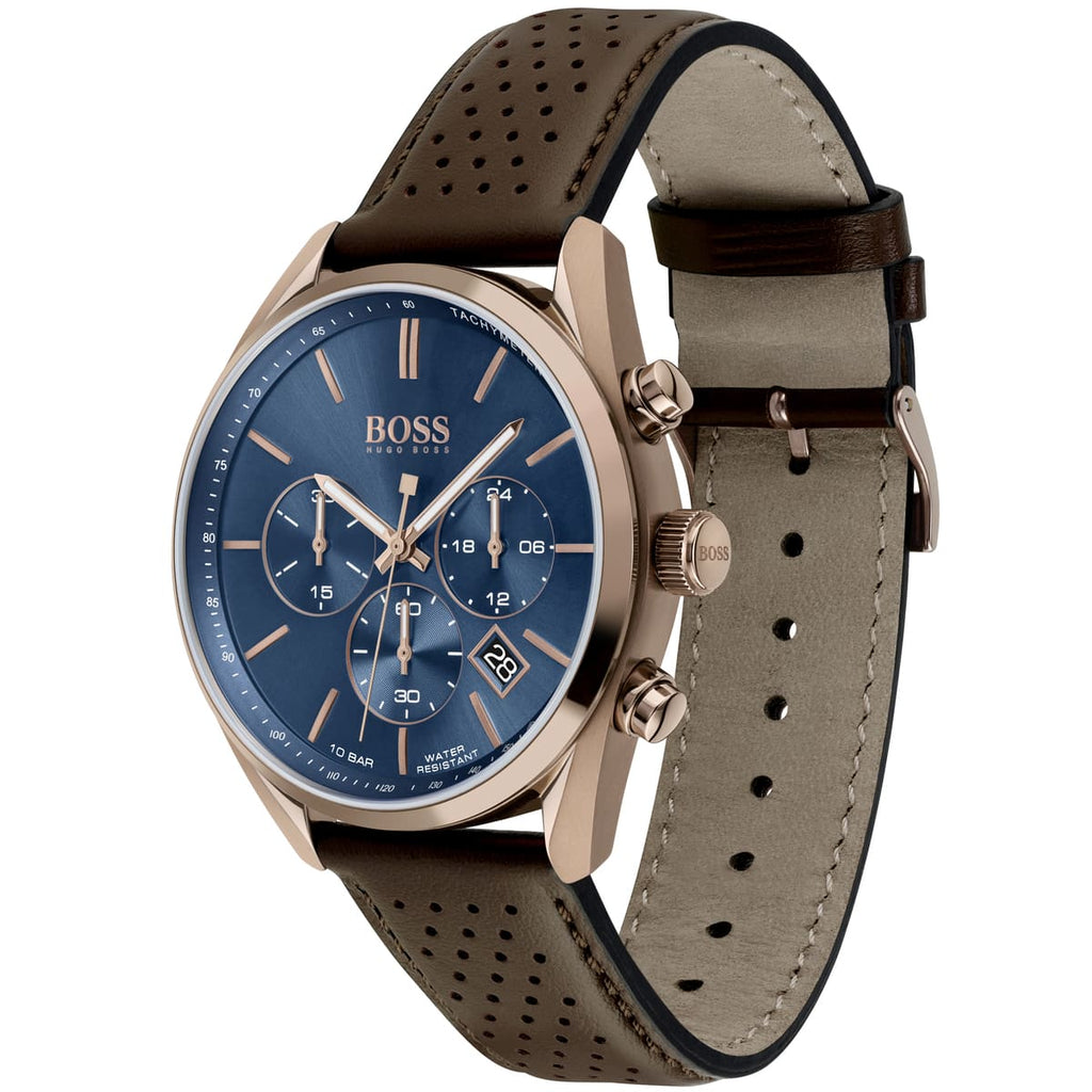 Hugo Boss Champion 1513817 Rose Gold Case Blue Dial Brown Leather Men's Watch