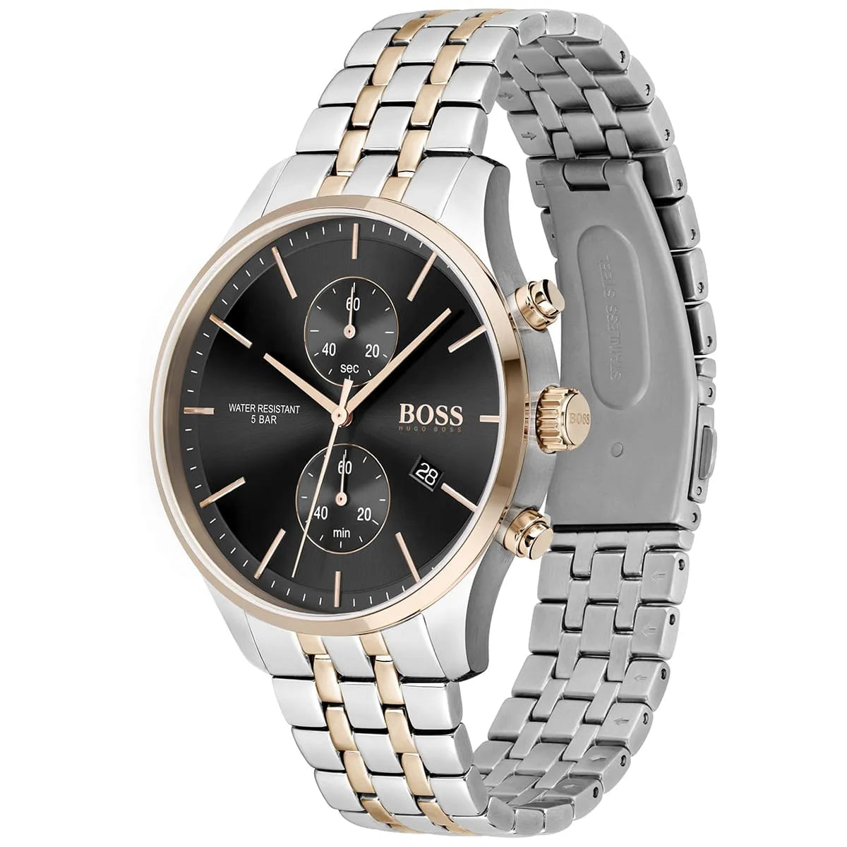 Hugo Boss Associate 1513840 Two-Tone Silver Rose Gold Case Black Dial Men's Watch