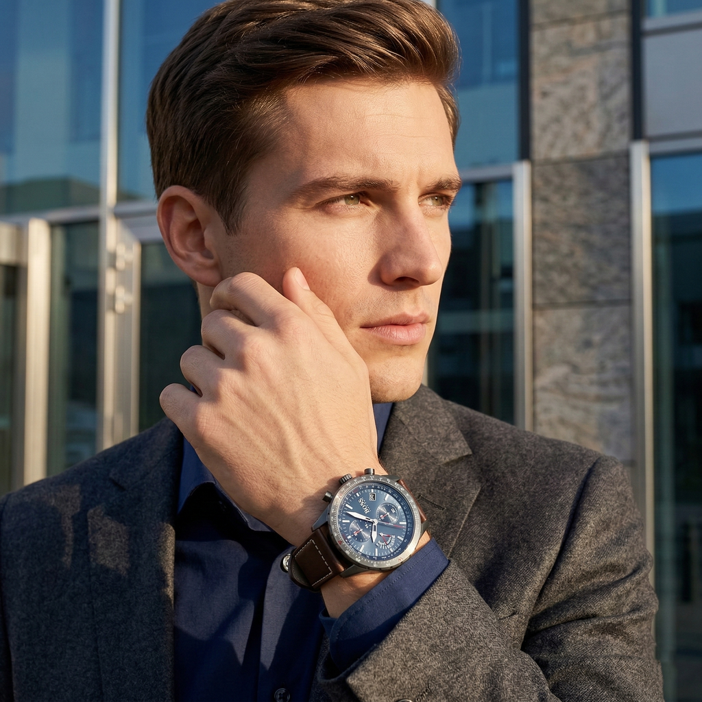 Hugo Boss Pilot Edition Chrono 1513852 Grey Case Blue Dial Brown Leather Men's Watch