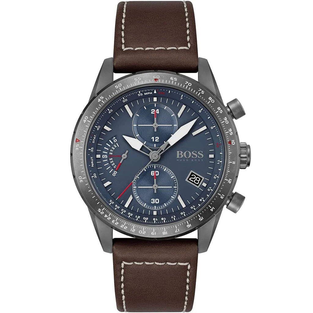Hugo Boss Pilot Edition Chrono 1513852 Grey Case Blue Dial Brown Leather Men's Watch