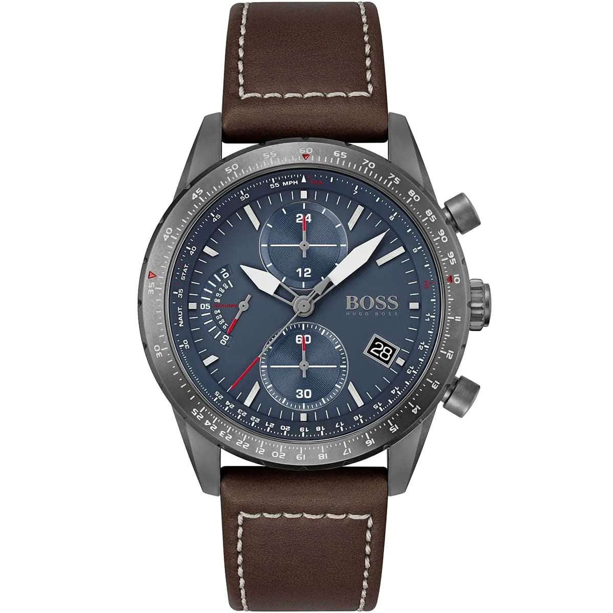 Hugo Boss Pilot Edition Chrono 1513852 Grey Case Blue Dial Brown Leather Men's Watch