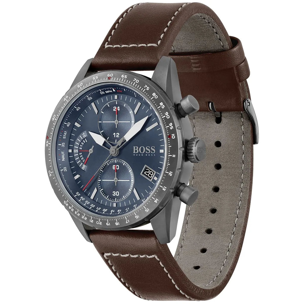 Hugo Boss Pilot Edition Chrono 1513852 Grey Case Blue Dial Brown Leather Men's Watch