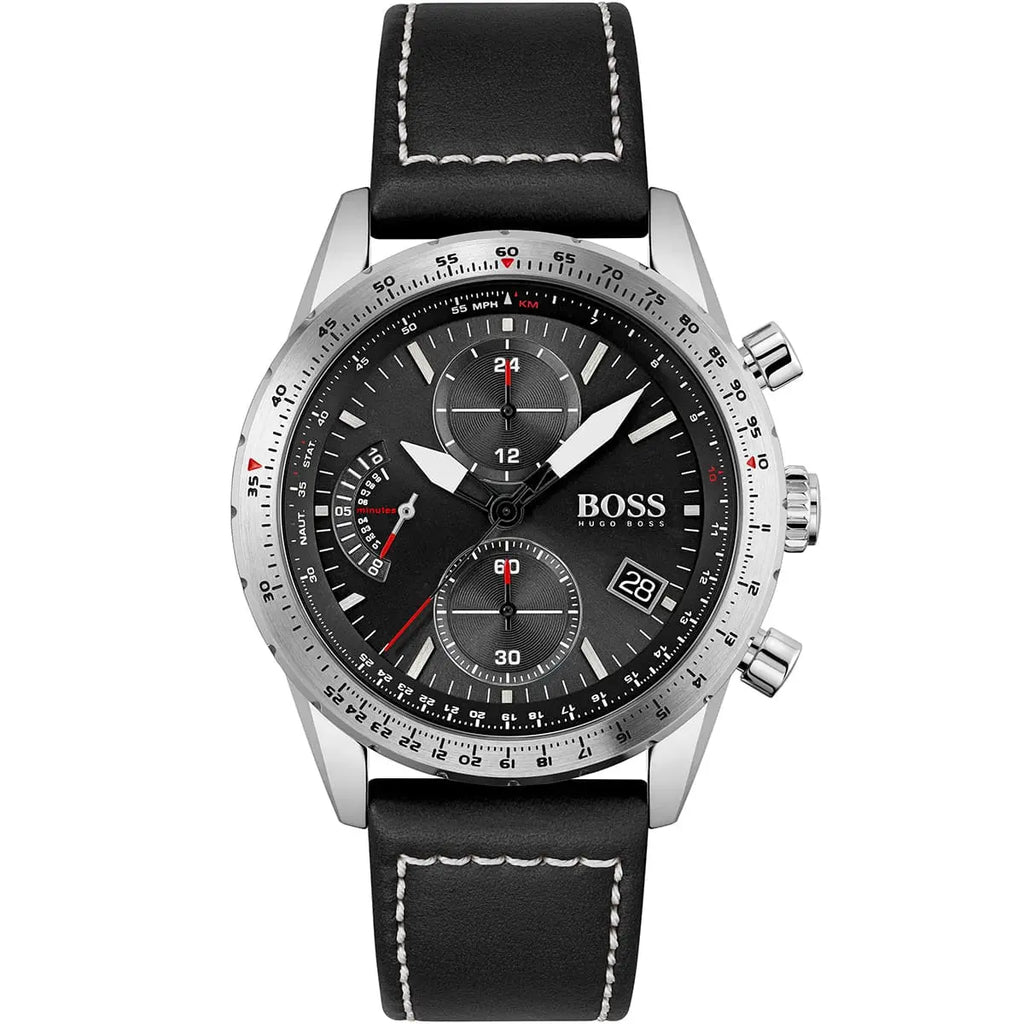 Hugo Boss Pilot Edition 1513853 Silver Case Black Dial Black Leather Men's Watch