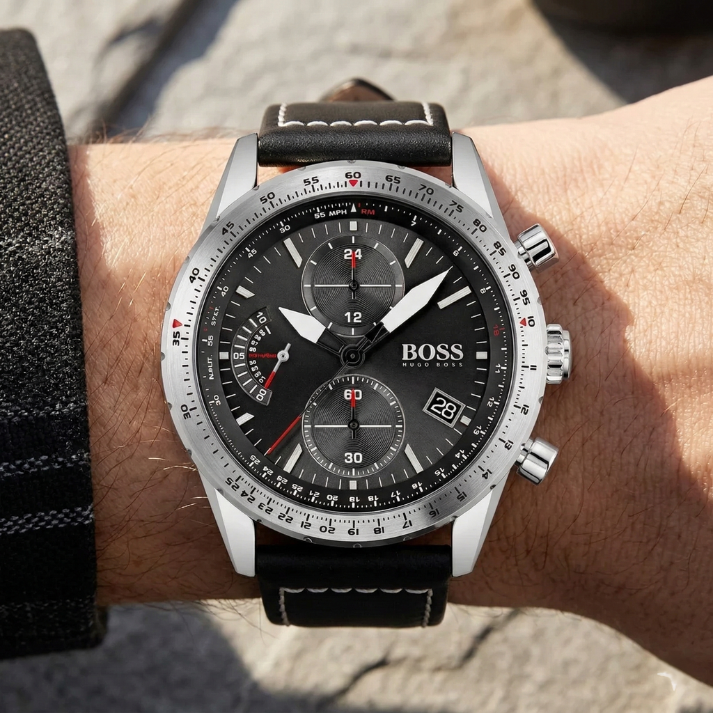 Hugo Boss Pilot Edition 1513853 Silver Case Black Dial Black Leather Men's Watch
