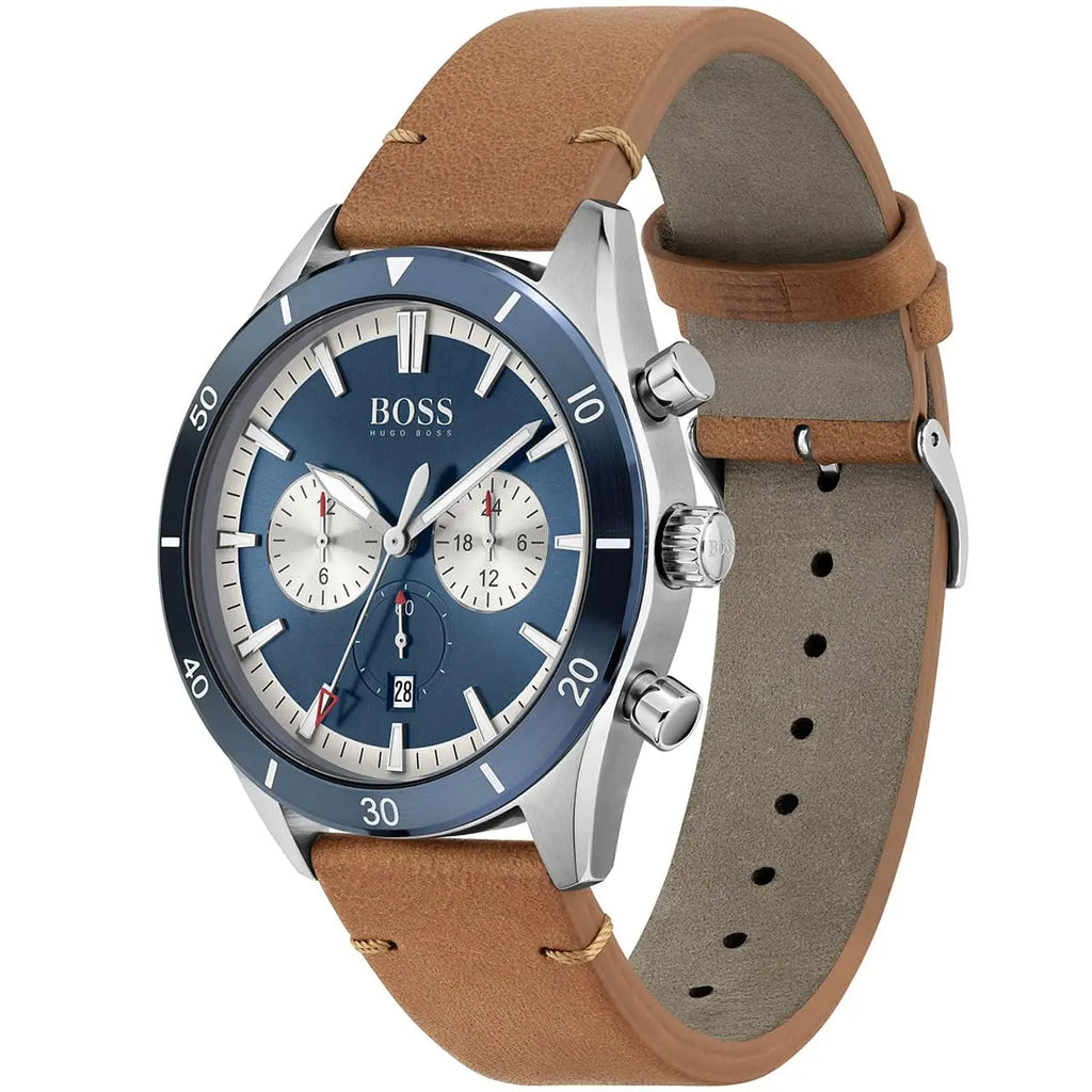 Hugo Boss Santiago 1513860 Silver Case Blue Dial Brown Leather Men's Watch