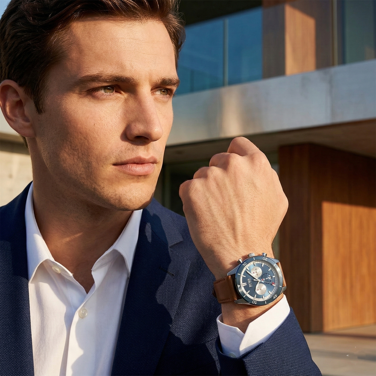 Hugo Boss Santiago 1513860 Silver Case Blue Dial Brown Leather Men's Watch