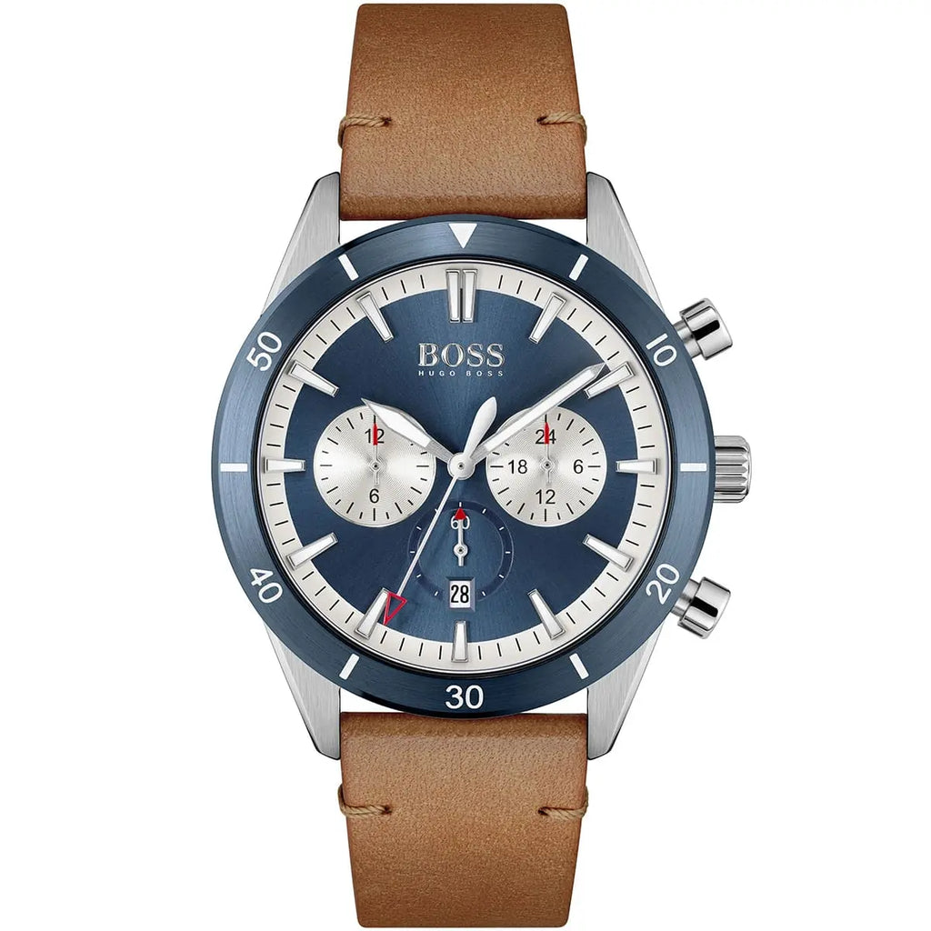 Hugo Boss Santiago 1513860 Silver Case Blue Dial Brown Leather Men's Watch