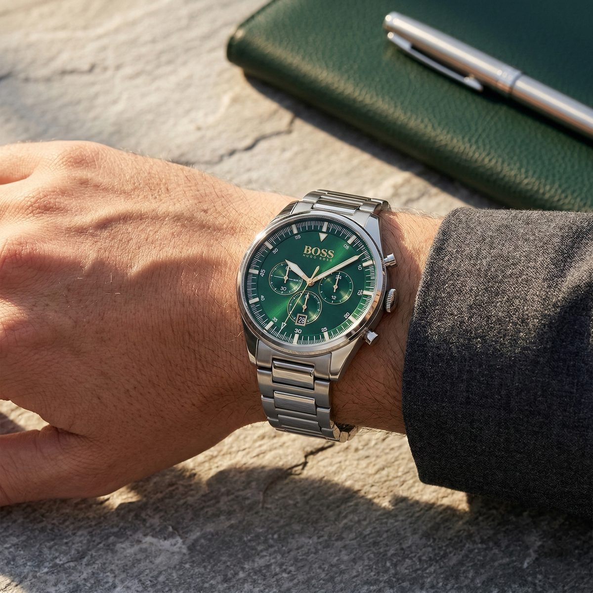 Hugo Boss Pioneer 1513868 Silver Case Green Dial Silver Metal Men's Watch