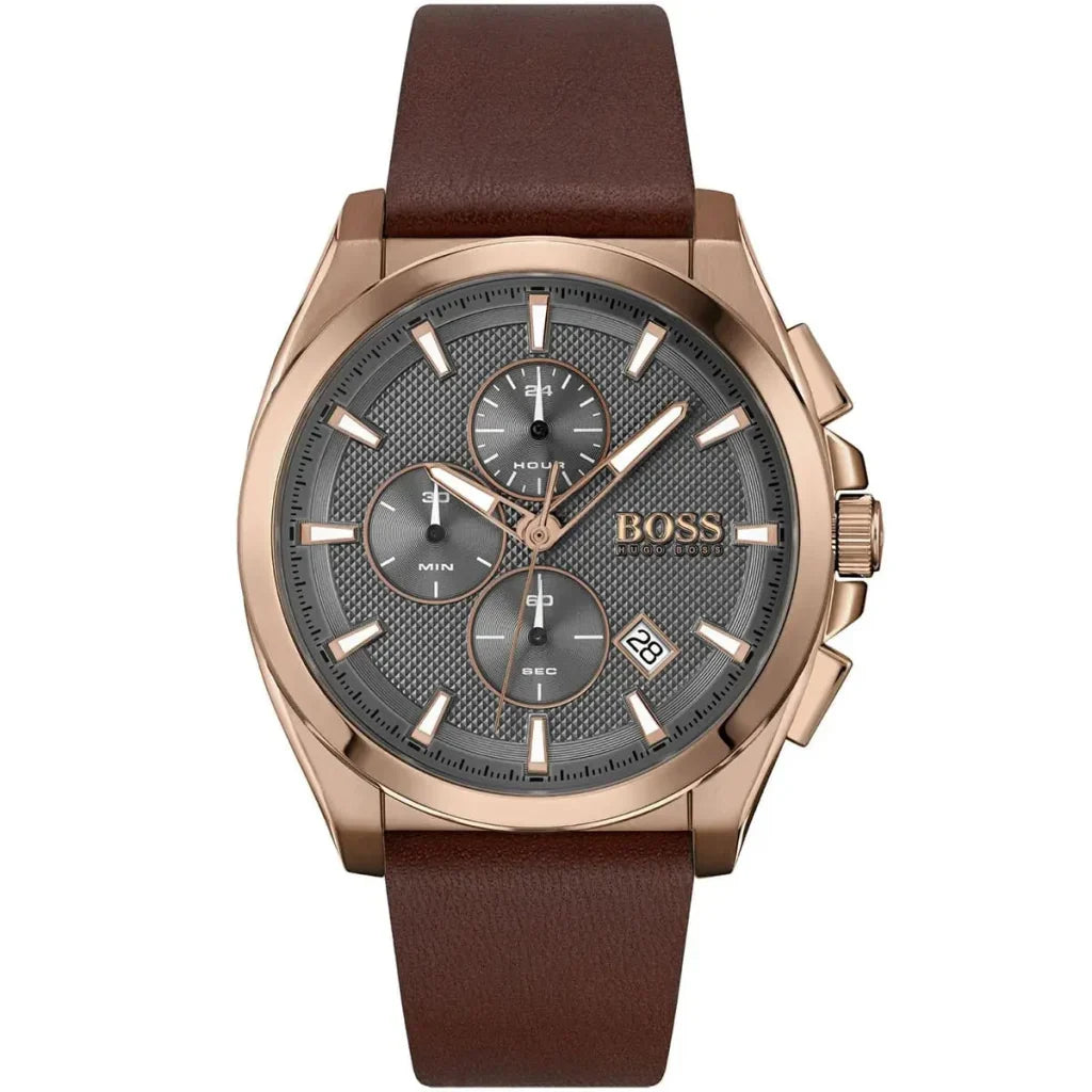 Hugo Boss Grandmaster 1513882 Men's Rose Gold Watch Grey Dial Brown Leather