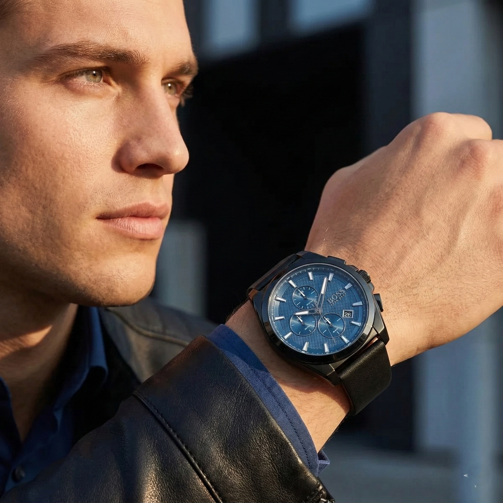 Hugo Boss Grandmaster 1513883 Black Case Blue Textured Dial Black Leather Men's Watch