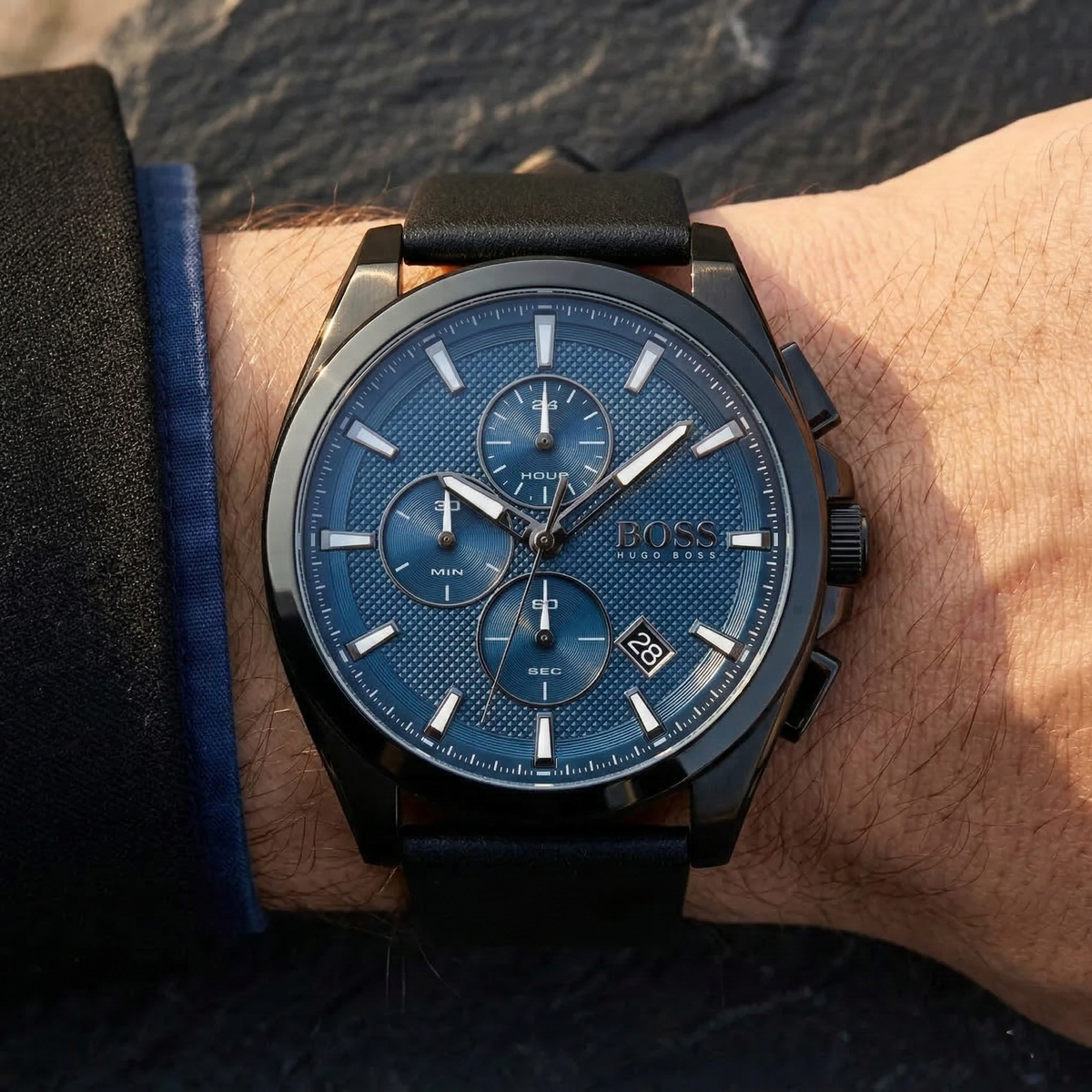 Hugo Boss Grandmaster 1513883 Black Case Blue Textured Dial Black Leather Men's Watch