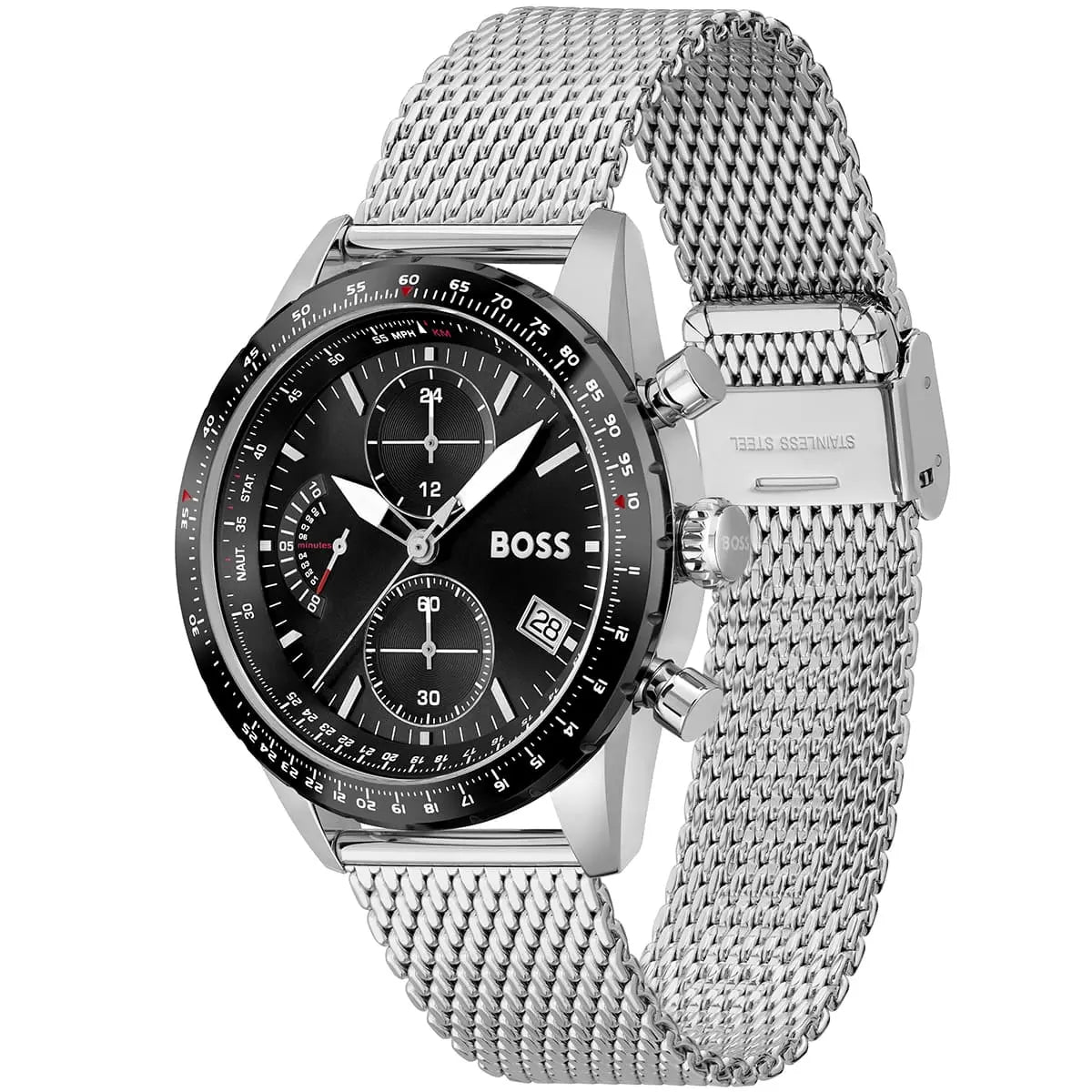 Hugo Boss Pilot Edition 1513886 Silver Case Black Dial Silver Mesh Bracelet Men's Watch