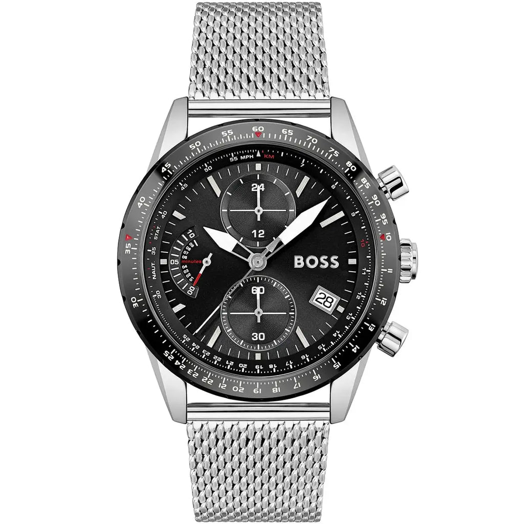 Hugo Boss Pilot Edition 1513886 Silver Case Black Dial Silver Mesh Bracelet Men's Watch
