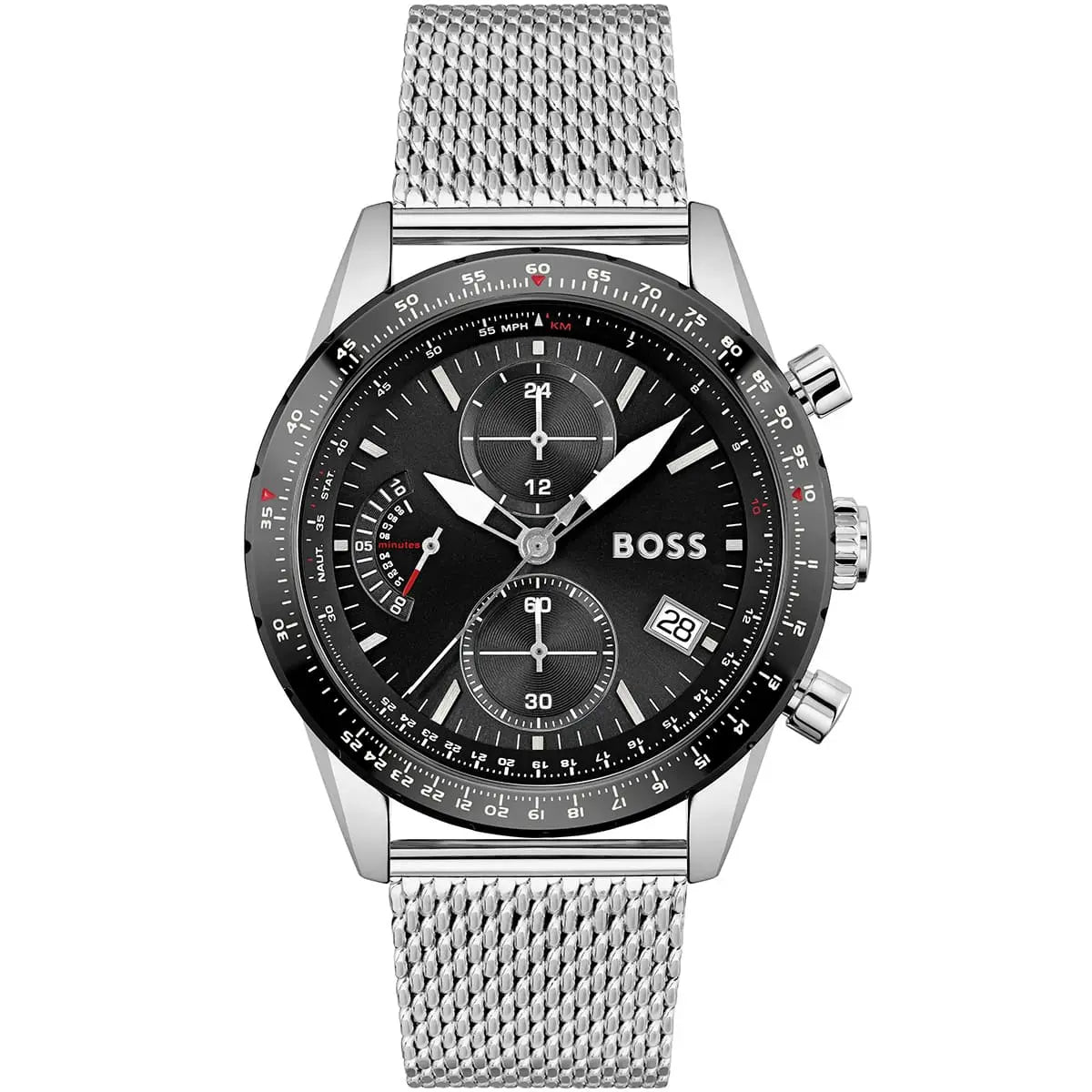 Hugo Boss Pilot Edition 1513886 Silver Case Black Dial Silver Mesh Bracelet Men's Watch