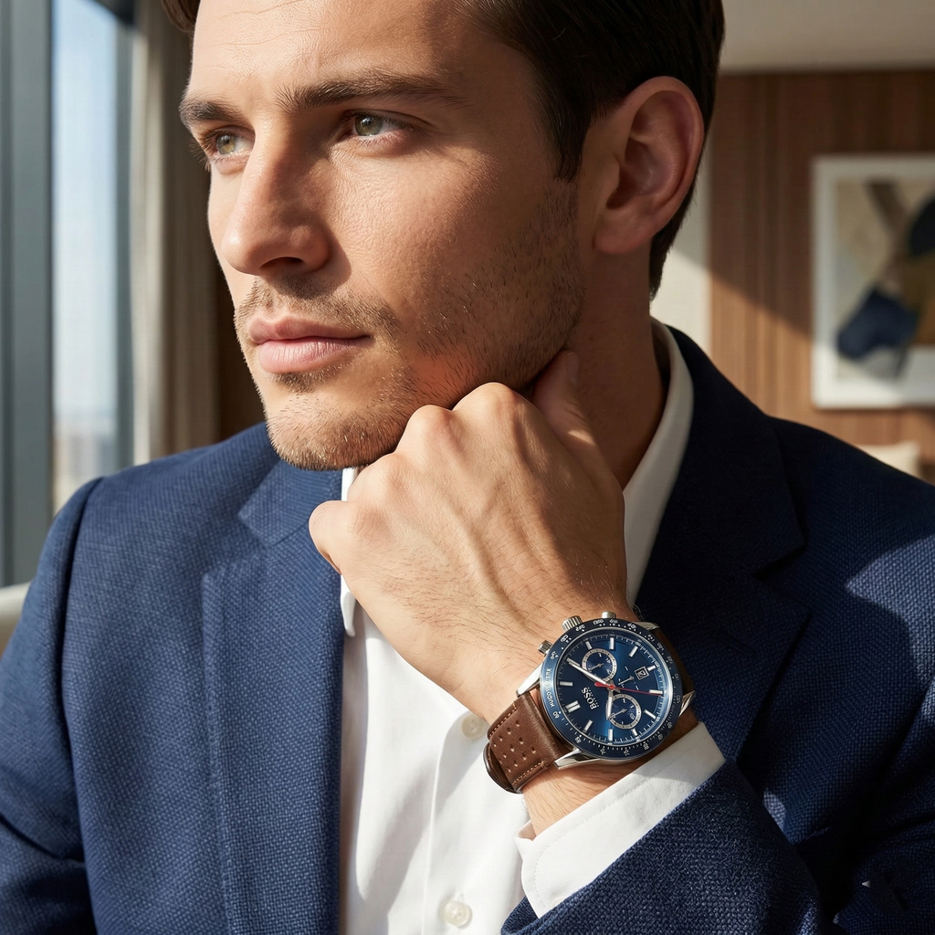 Hugo Boss Allure 1513921 Silver Case Blue Dial Brown Leather Men's Watch