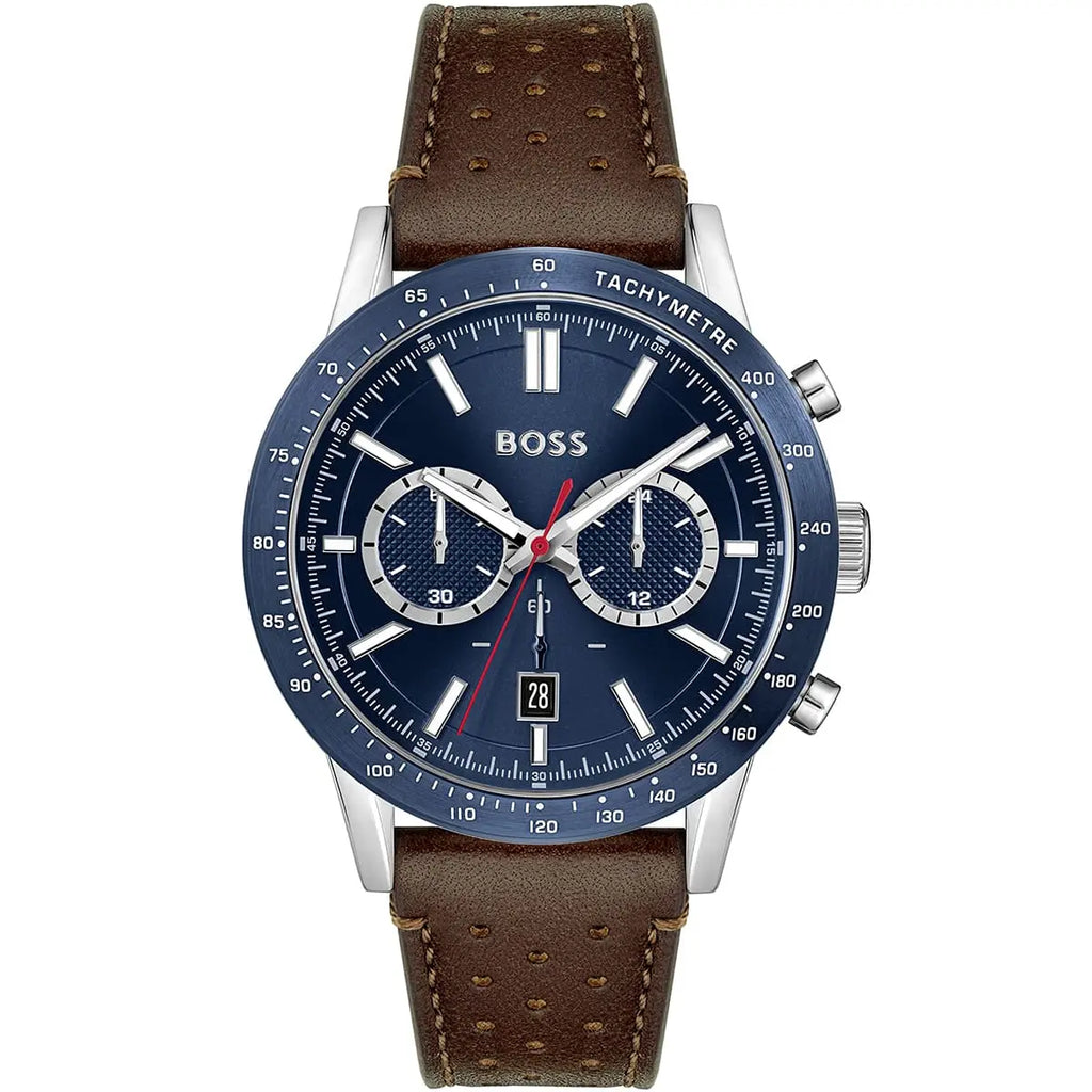 Hugo Boss Allure 1513921 Silver Case Blue Dial Brown Leather Men's Watch