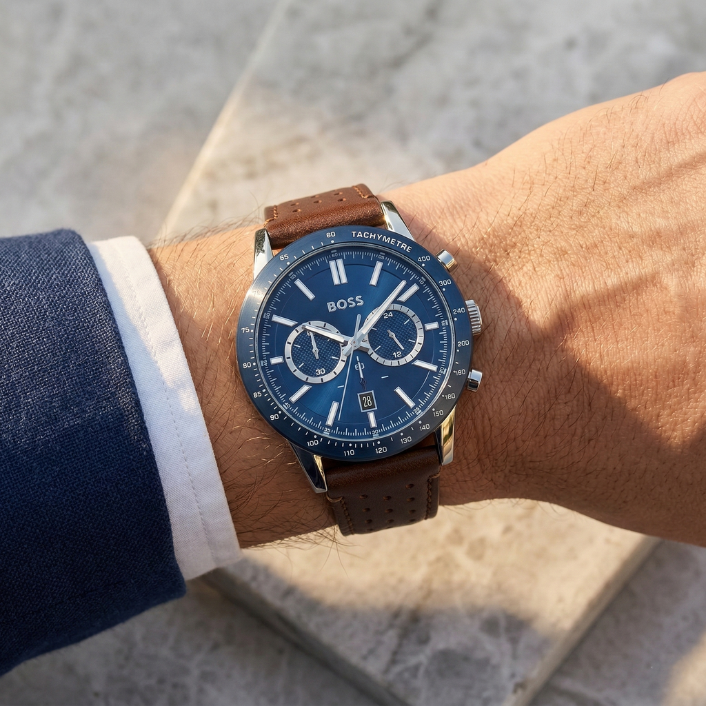 Hugo Boss Allure 1513921 Silver Case Blue Dial Brown Leather Men's Watch